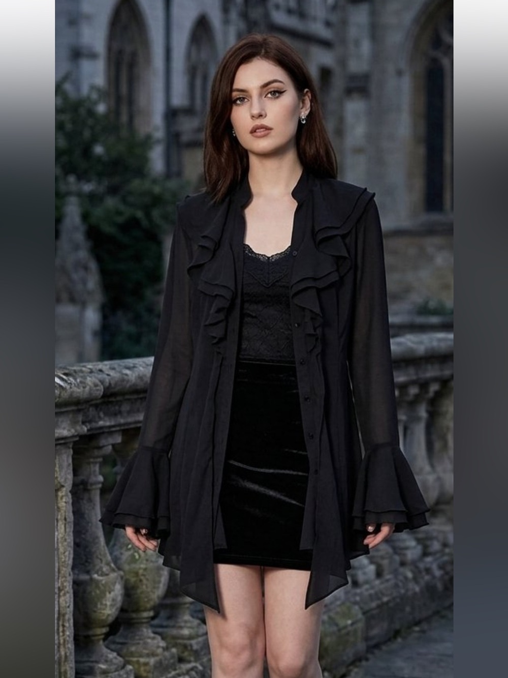 Killstar Black Ruffle-Front Long Sleeve Dress